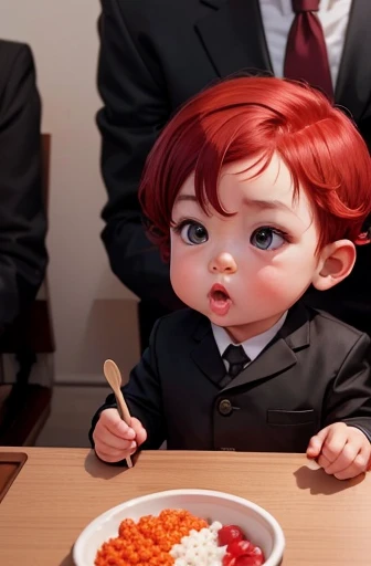 a toddler in a black suit and short red hair eats rice balls、game poster