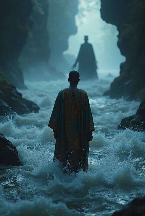 A final, dramatic scene of the person stepping into the cold river, with a swirling vortex of darkness surrounding them, and the prince’s silhouette looming in the background. African Nigerian dress