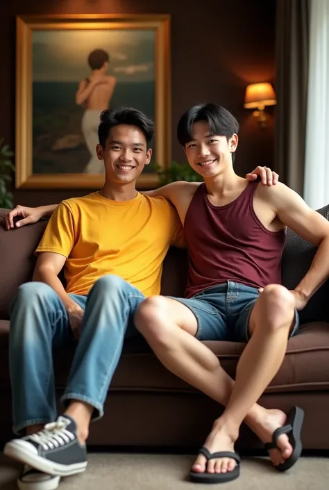  realistic photography. An Indonesian young man wearing a yellow t-shirt, short jeans, sneakers, sat on the sofa with a slightly fat young man wight 55 kg, Dora-like bob hair, wearing a maroon singlet, shorts, flip-flops. they smile. luxurious living room ...