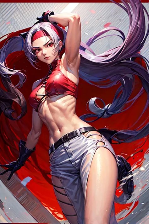 1girl armpits breasts covered_navel, foxy_(kof) gloves headband highres large_breasts long_hair looking_at_viewer midriff ponytail rapier red_eyes snk solo superbull sword the_king_of_fighters the_king_of_fighters_2001, foxyms