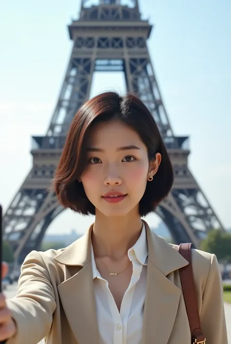 Japanese woman with short hair, Selfie at the Eiffel Tower