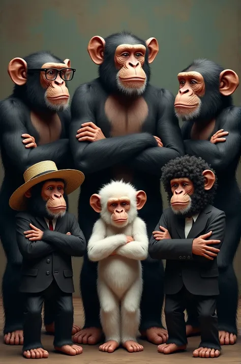 tall black chimpanzee with glasses ,short white chimpanzee with straw hat ,short white chimpanzee with curly hair ,white dwarf chimpanzee with curly hair ,short black chimpanzee with curly hair , 1 white chimpanzee in a suit ,all serious with their arms cr...