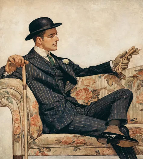 a man in a dark pinstripe suit with a green tie and white boutonniere、lying comfortably. they are sitting on decorative things, ...