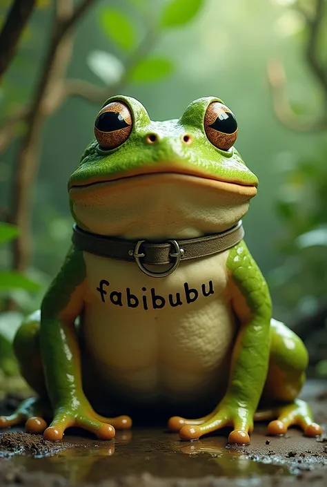 a bullfrog with the word fabibubu written on its collar
