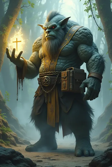 Make a big troll with gray stone skin, with a healer outfit and one with a medical kit bag, and from one of his hands came a magic healing cross