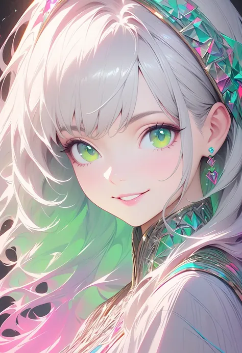 A great portrait of a smiling face,  Caustics, High resolution illustrations, Green Eyes, feminine,, Grey Hair,,  Shadow flat illustration, The art of math, Popular Topics on ArtStation, Very detailed, The finer details, Complex,  Neon color