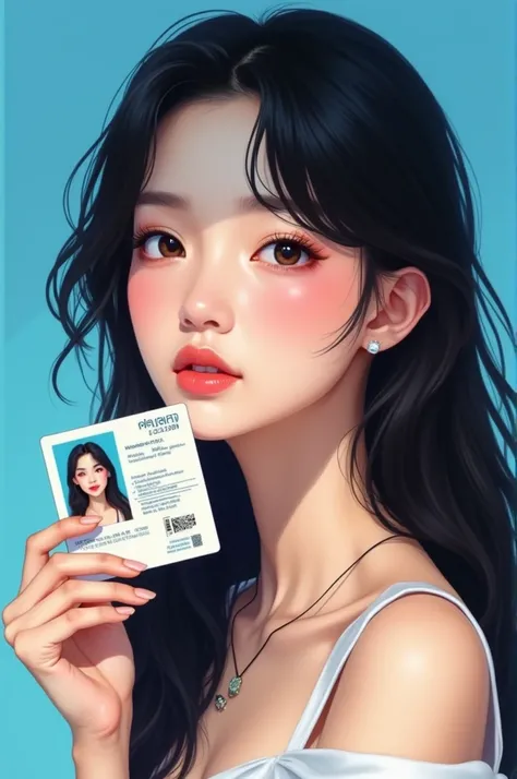 Design a poster of a Thai-Japanese woman with fair skin., Slim face, Thai national ID card, high nose, sharp eyes, long black hair. Blue poster about beauty.