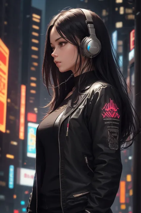 (absurdres, highres, ultra detailed, realistic, ), 1 18 year-old，girl, solo, elegance， long black hair, suits,brown eyes,  (headphone)，cyberpunk city background, ultra - detailed, best quality, Detailed diagram, vectorized, 8K,  Graphic design, vector line...