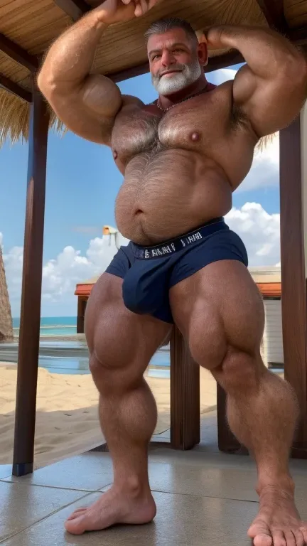 Topless male bodybuilder。
Huge muscles。Huge shoulders。Huge pectoral muscles。Huge belly。giant limbs。Huge body。Giant。
A standing posture that shows the whole body。Beach。Hairy。
極端に短いGray-hairedの顎髭。
Shaved head。
Male bodybuilder wearing only a white jockstrap。...