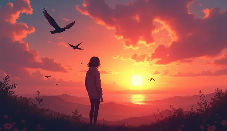 A person watching a beautiful sunrise, the scene contains birds flying, the person is reflecting on new opportunities that he will have in life, with color enhanceme