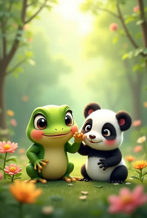 A cute frog with his cute friend panda
