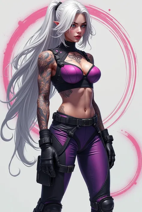 Grey, pink, white, purple, (long white hair woman), (full body shot), (tribal tattoos:1.1), (muscular;1.1) big breasts, cleavage, sexy, erotic, (tactical techwear clothes:1.1), (tactical boots:1.1), abstract lines and circles background