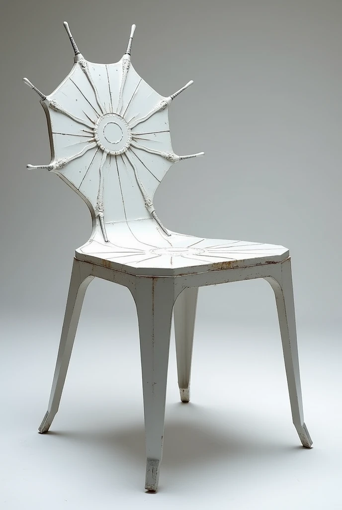 Black Widow inspired chair, with the body completely in white metal, the backrest simulating a spider web and with pointed ends looking a bit rough, the heptagonal and metal seat, with thin, pointed legs, almost simulating the legs of a spider