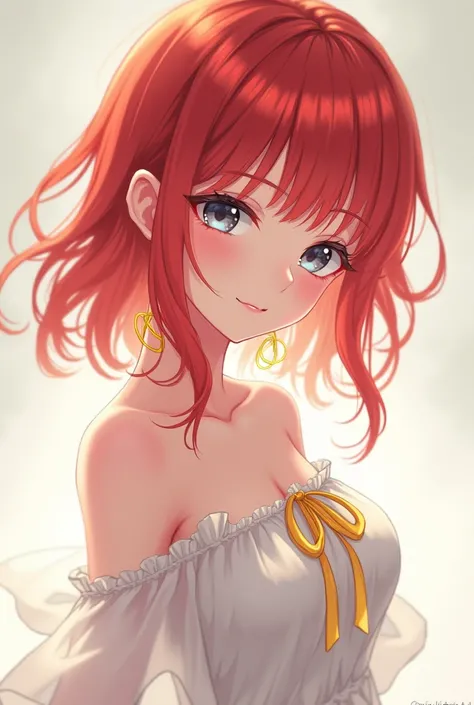 Beautiful anime red hair girl,The bangs are straight, grey eyes, white dresses, yellow accessories, cute sexy pose, Which is pressed against the screen