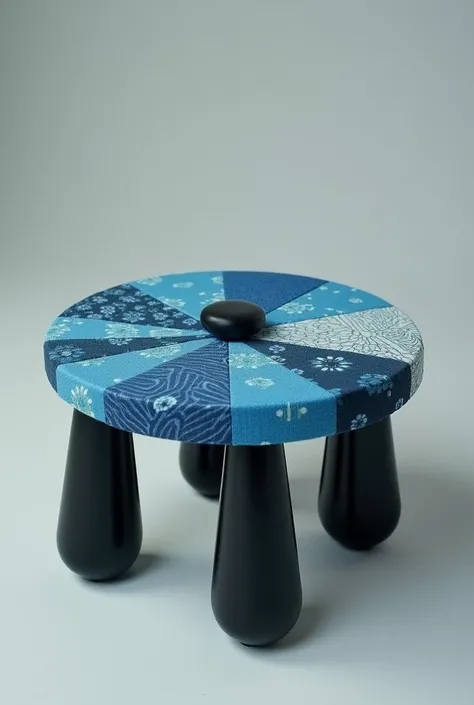 You could make a small bench inspired by a blue skimmer dragonfly., with rounded black legs that simulate wings, and circular soft cushion seat with blue tones and different geometric patterns divided into sections in the shape of pie slices, with a black ...