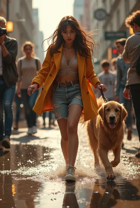 short, Nastolatka wyglądająca nieco jak dziecko, brunette in a celebrity outfit tumbling straight into a puddle, camera flashes in the background, next to a teenager a golden retriever wet from water in a puddle on a leash held by a teenager