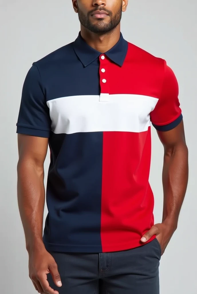 A shirt collar t-shirt with navy blue, white and red colors
