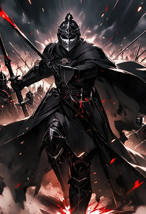 dark knight, long black cape, black helmet with silver face mask, general high black knight against an army, huge battle, bloods...