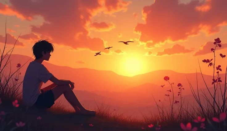 A person sitting hugging their legs and watching a beautiful sunrise, the scene contains birds flying, the person is reflecting on new opportunities that he will have in life, with color enhanceme