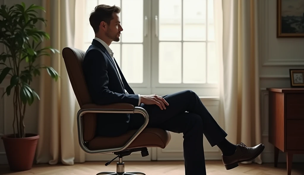 Create a refined and elegant image of a man with impeccable posture. Show him seated in a well-supported chair, with his back straight and shoulders relaxed but aligned. His head should be held high, and his legs should be comfortably positioned with feet ...