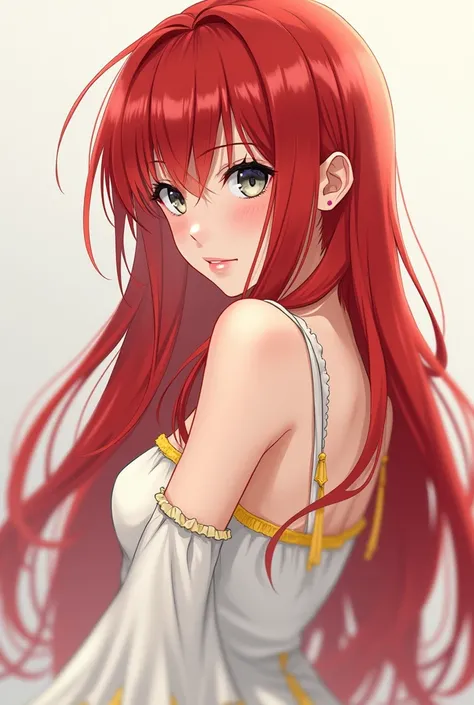 Beautiful anime Long  red hair girl,The bangs are straight, grey eyes, white dresses, yellow accessories, cute sexy pose, Which is pressed against the screen