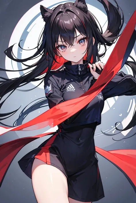 Central Focus, Centered, Fully in-frame, Solo, half-body
Gender: Female

Age: Late teens

Appearance: Her eyes are a striking shade of dark brown, sharp and focused, with a fiery determination in them. Her hair is long and dark with bangs infront, she wear...