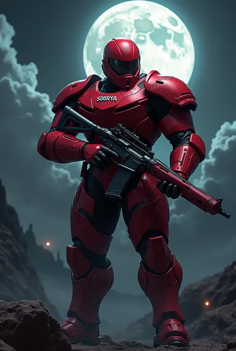 Create a gamer wearing a red armour and holding a gun in backgrond dark sky moon and write SOORYA on armour chest plate