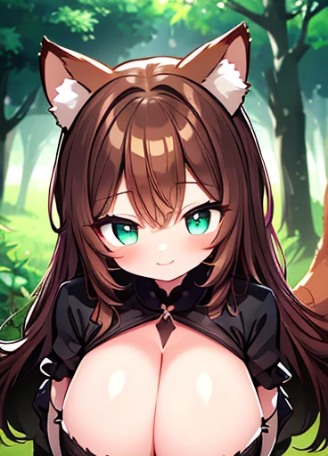 (Furry:1.2)(Best quality,A high resolution,Masterpiece:1.2),Ultra-detailed,Realistic,professional,Portrait,Beautiful, Voluptuous girl with furry features and animal ears, huge breasts, big thighs, [Big Expressive eyes],[Playful smile],long Brown Hair,capti...