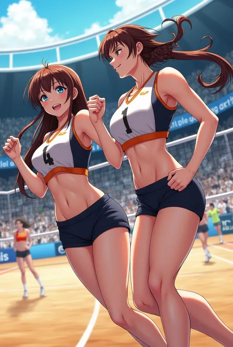 A brunette female volleyball player with long hair and a hot brunette male player
