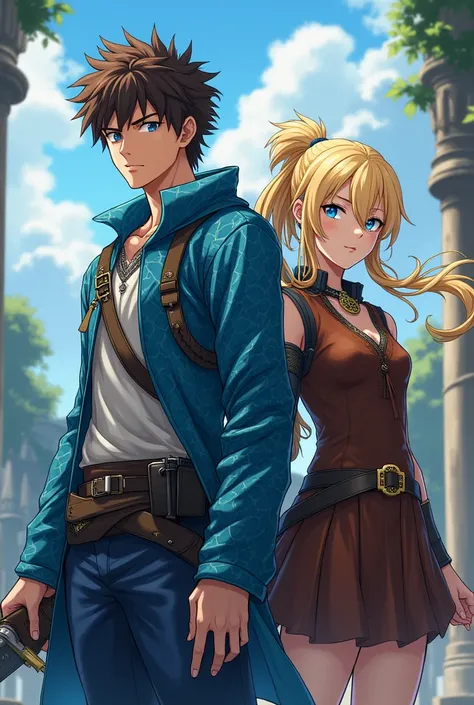 The first character has brown hair，Blue Eyes，Blue scaly clothes，Handsome boy，Skilled with sword，Anime Boy，Males are the majority。The second character has blond hair and a ponytail，A tall female adventurer，pretty，Wearing leather clothes and skirt，Women are ...