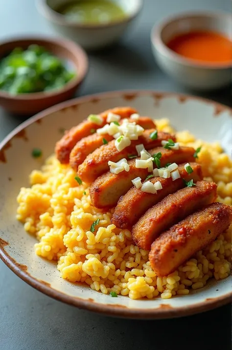 Create an image of Khaw-Mok-Kai, Thai dish of yellow-orange steamed rice with particles of brown herbs, topped with crispy fried chicken fillet cut into pieces in a row, sprinkled with deep fried chopped shallot, served with a small bowl of blended green c...