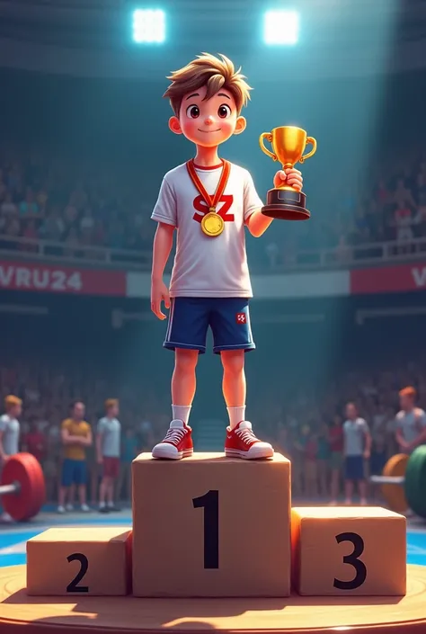 Help me with an image in which you can see a podium with 3 places. In first place there will be a boy with a white powerlifting shirt that has a design that says "Sz" and a medal and trophy. This image has to be set in powerlifting.