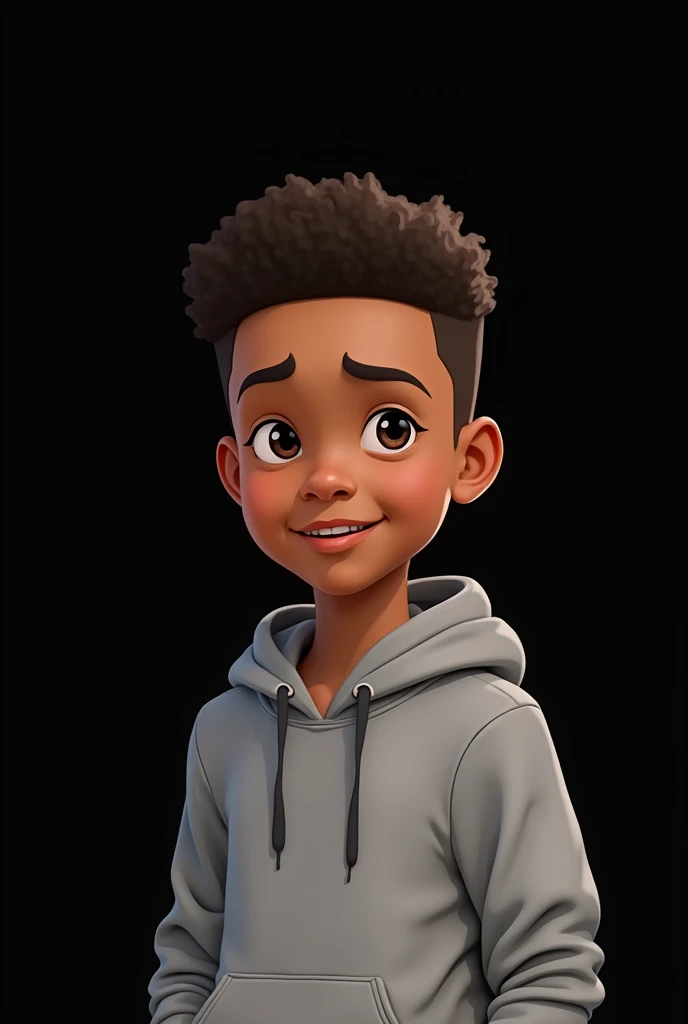 One 1 Boy He is wearing a grey hoodie And Is Hair Style is small Curly Hair stands uprightand  
And He is American and he is a light brown Background Is Black Photo Style is illustrated 