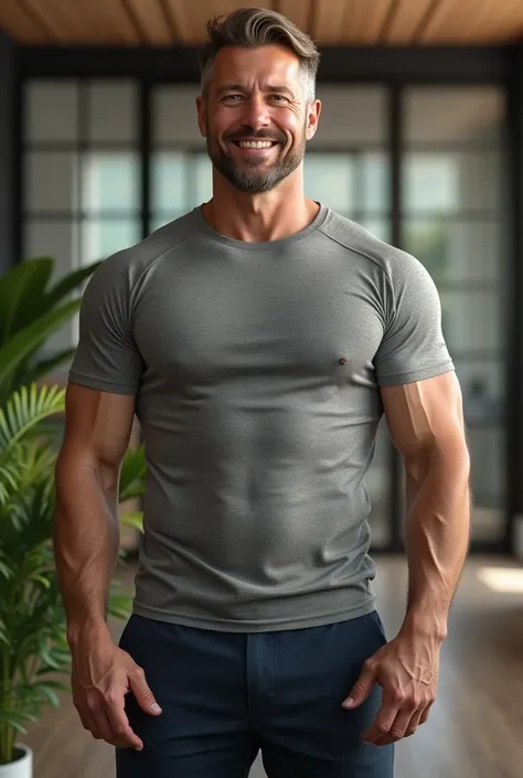 Create an image of a middle-aged man with a very fit physique and excellent health. Depict him wearing a shirt that fits well, highlighting his well-defined, muscular build and reflecting his commitment to physical fitness and a healthy lifestyle. His post...