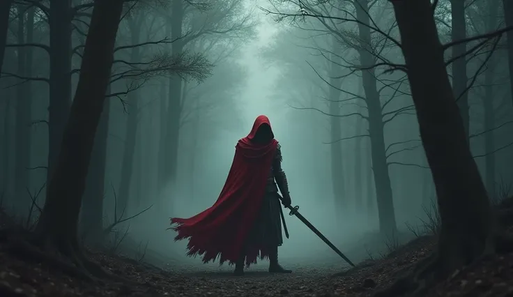 (photorealism:1.2),A tense standoff in a dark forest. The warrior in a tattered red hooded cloak stands with a long sword drawn, his face obscured by the hoods shadow.