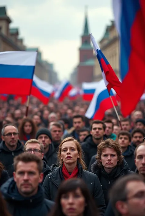 une foule avec des drapeaux russe 