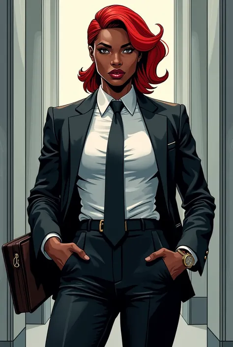 I want a black comic book character with red hair in formal office wear 