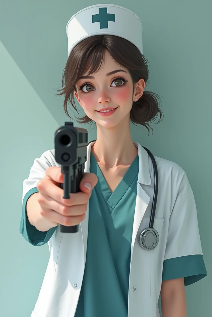 Nurse with gun smiling 