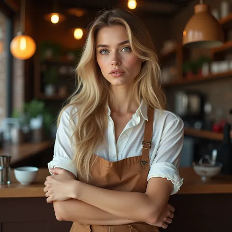 hyperealistic photo A full body shot of a beautiful blonde woman with long hair, in a coffee shop, standing with her arms crossed and looking at the camera. She is wearing an apron and a shirt, a casual outfit. detailed face and eyes, The full-body shot wa...