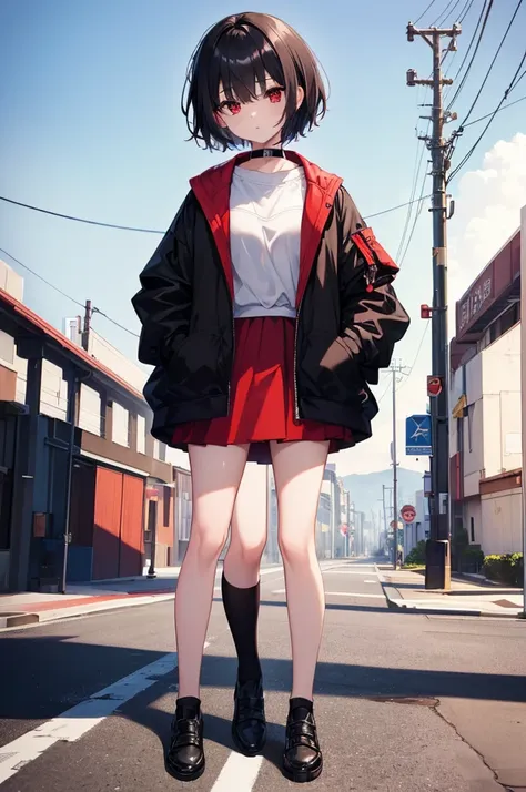 (masterpiece, highest quality, highest quality, (No text), Beautiful and aesthetic:1.2),No text,アニメ、BREAK,One Girl，Black Hair Girl　 adult　short hair　older sister　Beautiful eyes　Red eyes　cool　Black and Red　skirt　Black jacket　White clothing　Full Body Outdoor...