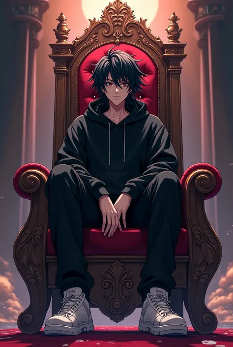 The anime boy in black hudi black pants and white shoes he sitting in kings chair and the hair like sukuna the background name NotGaganYT and the image is in 8k quality 