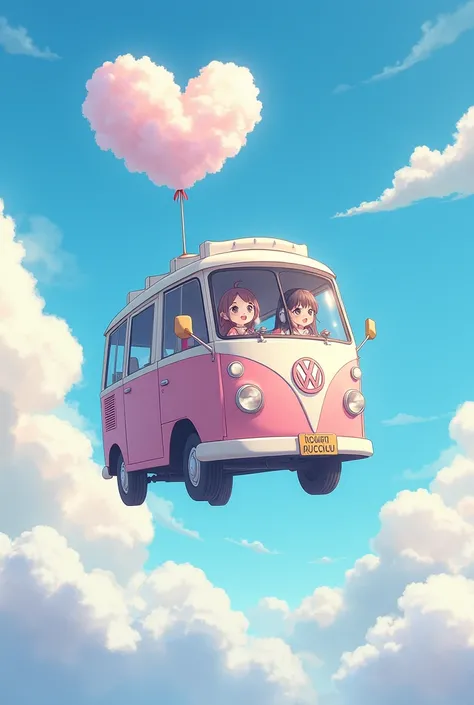 A bus riding floating in the sky, with a heart shape cloud,and a lovely couple 
riding inside,anime