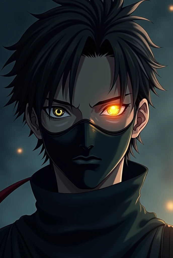 cool looking anime male character avatar wearing face mask have one golden eye with godly power, devilish personality, handsome appearance