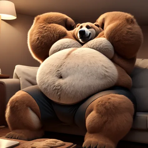 Fat Huge 600 Pounds Daddy Furry Cloud Gluten Grizzly Bear Big Belly, and Large Chunky body and wearing Black Shorts, sitting on the Sofa, His Belly is Bigger, Huge, Fat, Chunky, Furry, Big, and Huge, have his arms up and wanting a Hug