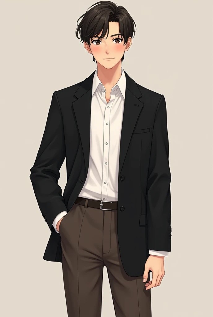 Dark brown pant/trauser, on white shirt and black blazer on teen boy