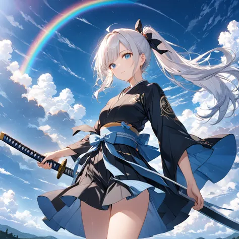 anime、((Amazingly absurd)),(masterpiece:1.2),超High resolution, Attention to detail, high quality, High resolution, 最high quality, 4K, 8k、Samurai Girl,片手で長いHolding a sword,Holding a sword,Hold it up in the sky,Show your side,long hair,Side Ponytail,White Ha...