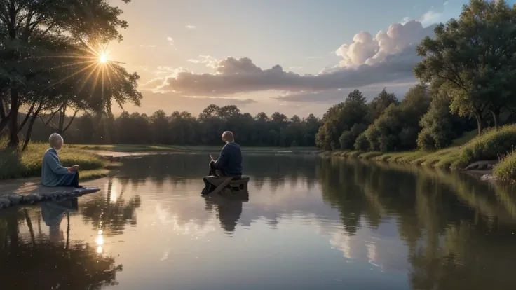 Scene 8: Final Reflection
Description: The young man is sitting next to the wise old man, back on the riverbank. Both watch the water flow, in a scene that symbolizes learning and inner peace achieved. The setting is serene, with the sun setting on the hor...