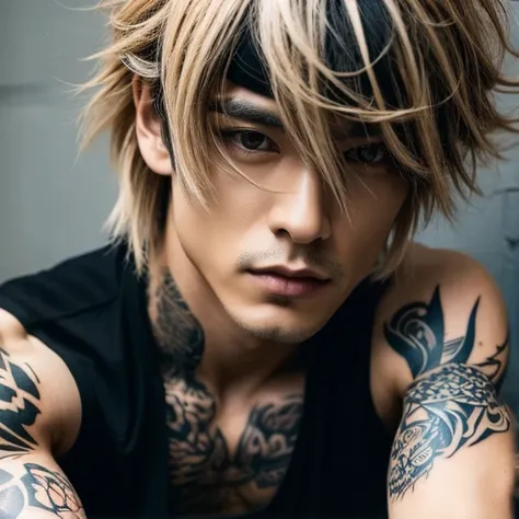 1 man, male, japanese man, visual kai hairstyle, ultra detailed face and body, hyperrealistic, realistic representation, muscula...