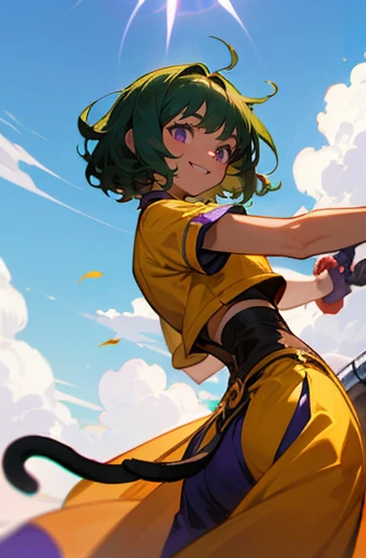 alone, woman, girl, short hair, curly hair, dark green hair, purple eyes, brown skin, active, strong, dancer, smiling, blue sky, ethnicity, sun, bright, fantasy, RPG, weapon, chakram, thin cat ears , cat tail, Adventurer, yellow and purple clothes,backlit,