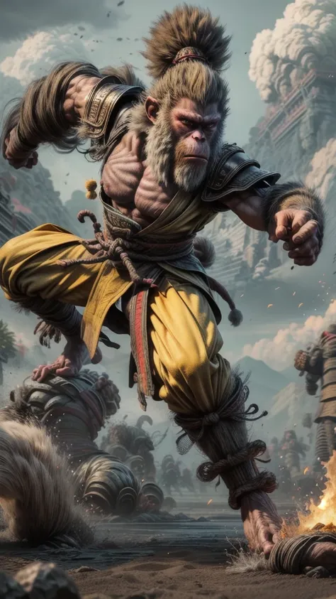 Ape Man, The Monkey King, monkey head, yellow skin, claws, Aggression, clouds underfoot, full body fire, wearing a yellow feudal Chinese costume